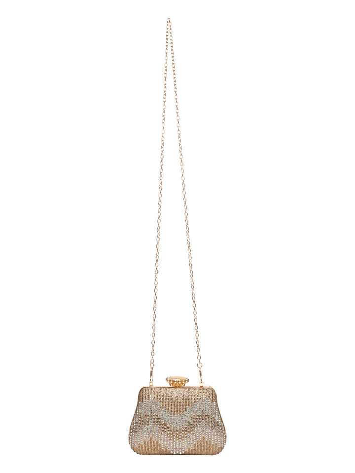 Rocia By Regal Gold Women Patterned Diamond Studded Metal Clutch
