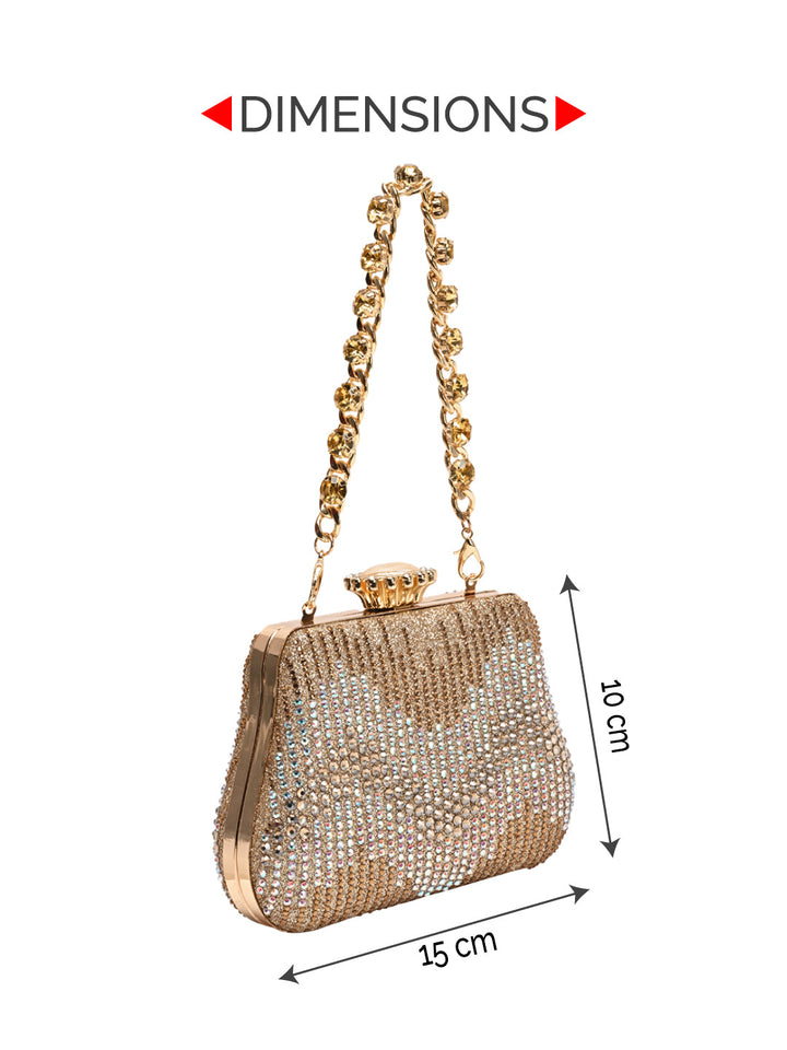 Rocia By Regal Gold Women Patterned Diamond Studded Metal Clutch