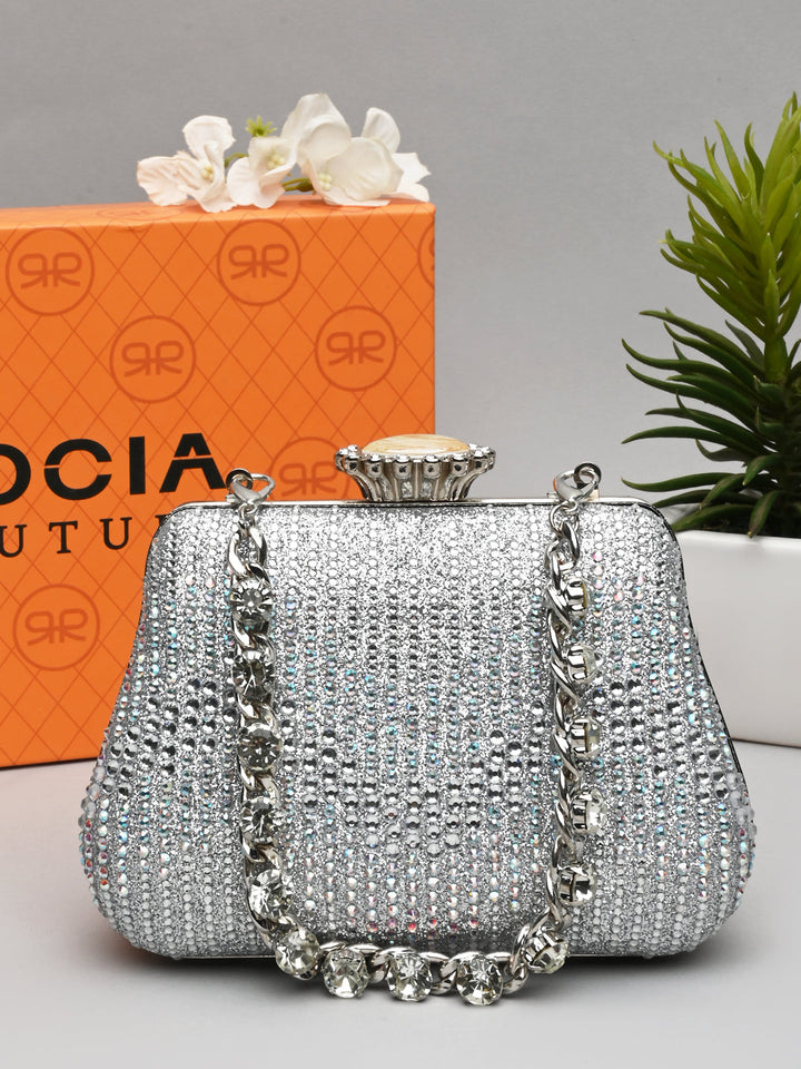Rocia By Regal Silver Women Patterned Diamond Studded Metal Clutch