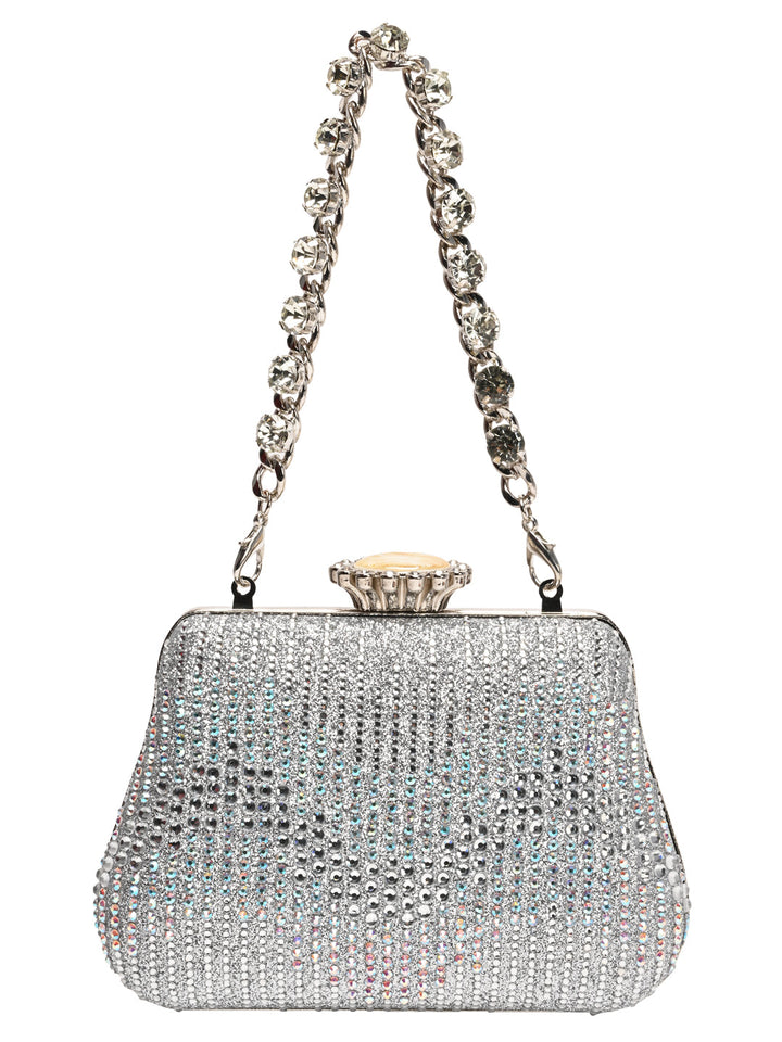 Rocia By Regal Silver Women Patterned Diamond Studded Metal Clutch