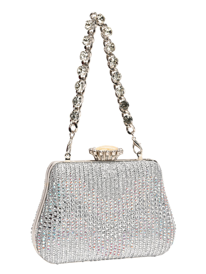 Rocia By Regal Silver Women Patterned Diamond Studded Metal Clutch