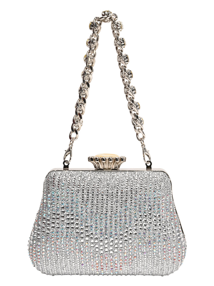 Rocia By Regal Silver Women Patterned Diamond Studded Metal Clutch