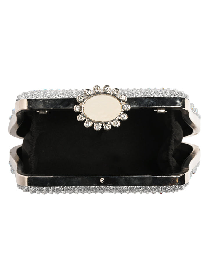 Rocia By Regal Silver Women Patterned Diamond Studded Metal Clutch