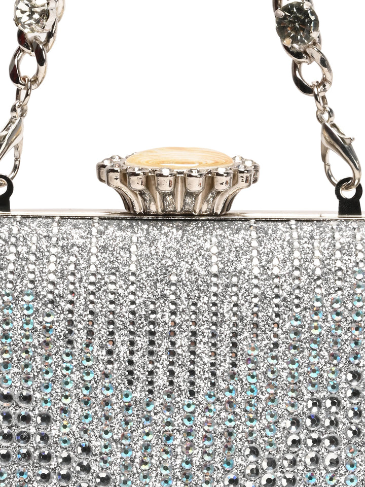 Rocia By Regal Silver Women Patterned Diamond Studded Metal Clutch