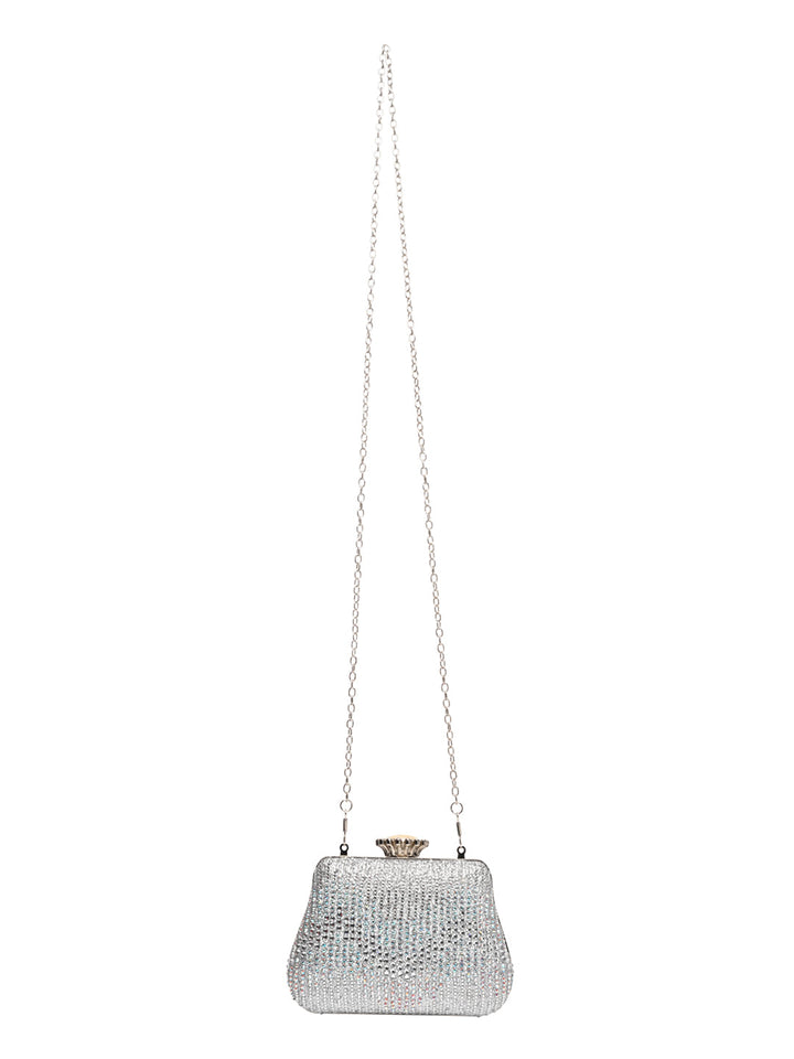 Rocia By Regal Silver Women Patterned Diamond Studded Metal Clutch