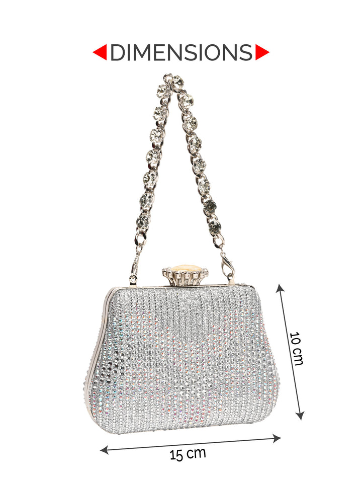 Rocia By Regal Silver Women Patterned Diamond Studded Metal Clutch