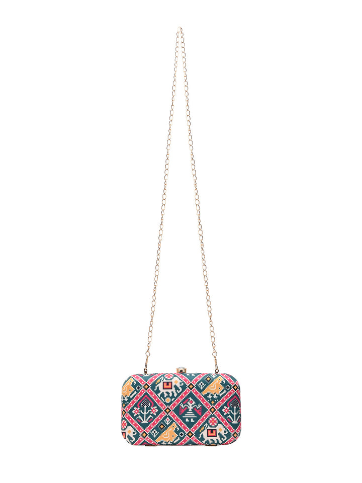 Rocia By Regal Green Women Silk Patola Print Metal Clutch