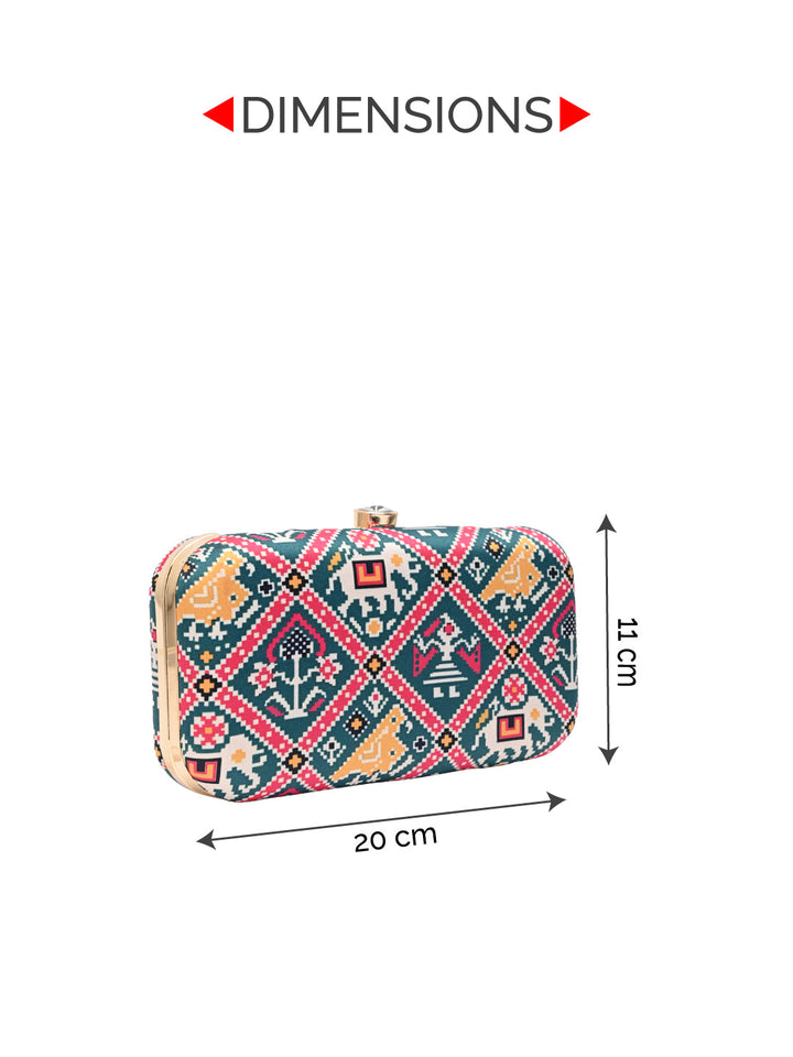 Rocia By Regal Green Women Silk Patola Print Metal Clutch
