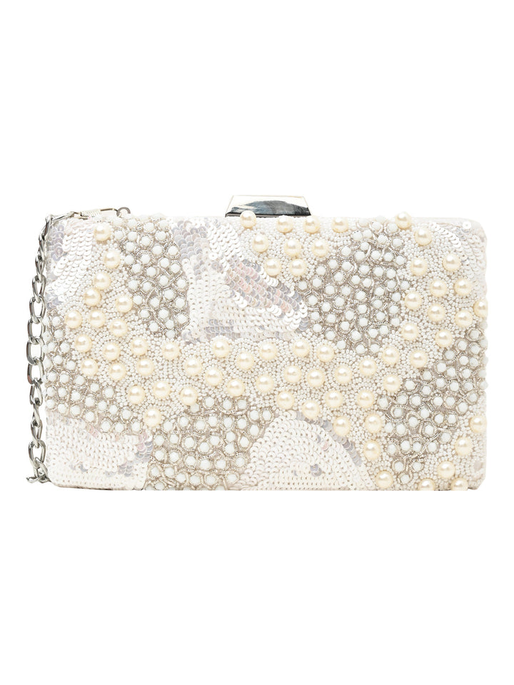 Rocia By Regal Ivory Women Heavy Hand Embroidered Metal Clutch