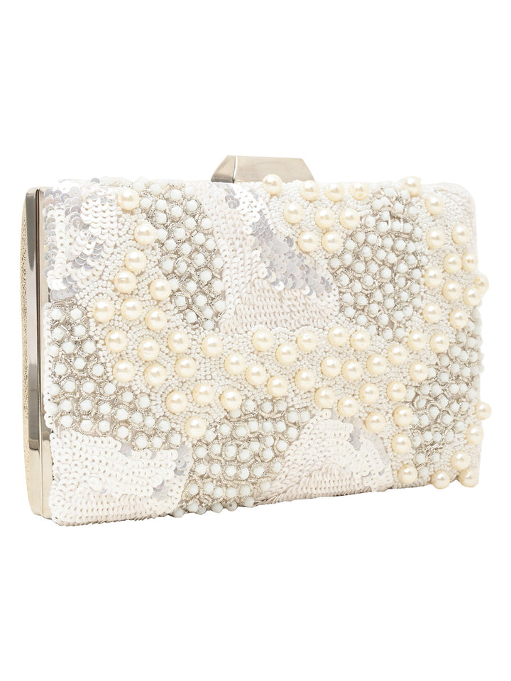 Rocia By Regal Ivory Women Heavy Hand Embroidered Metal Clutch