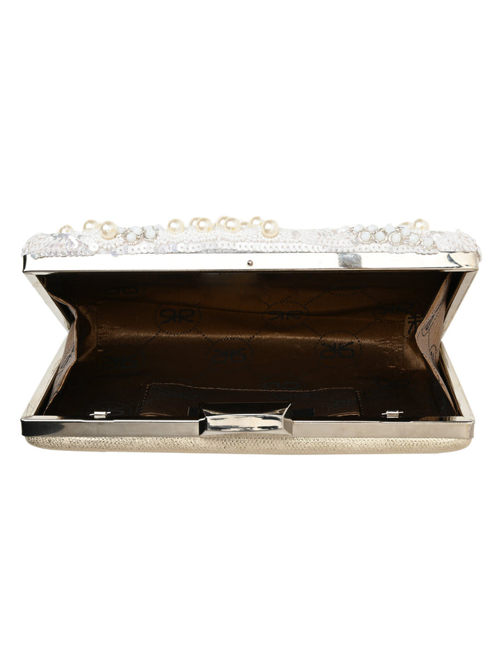 Rocia By Regal Ivory Women Heavy Hand Embroidered Metal Clutch