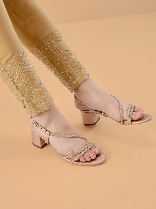 Rocia By Regal Rose Gold Women Diamond Embellished Block Heel Sandals