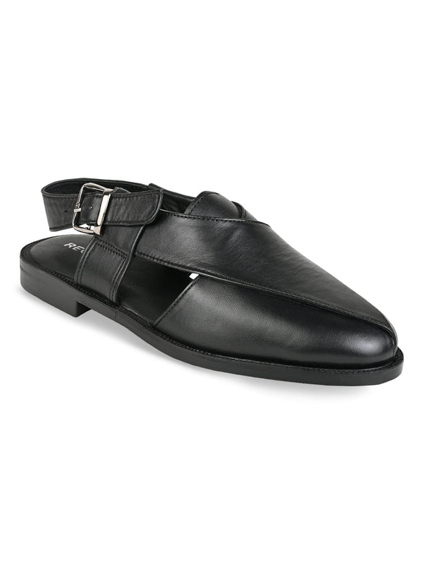 Regal Black Men Leather Slip On Sandals