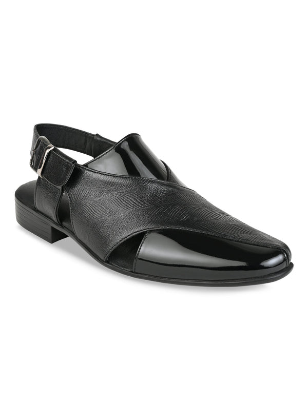 Regal Black Men Textured Leather Slip On Sandals