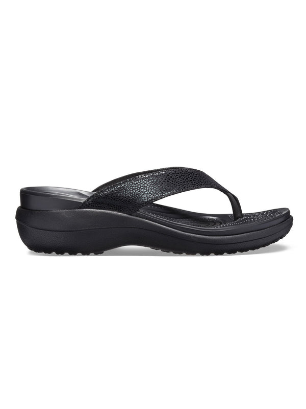 Crocs Black Women Capri Metallic Textured Wedge Flip Flops