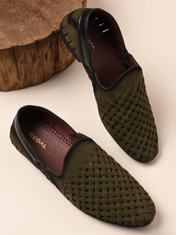 Regal Olive Men Woven Mojari Style Slip Ons