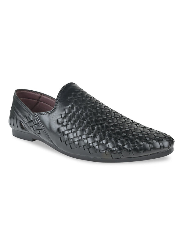 Regal Black Men Woven Chatai Slip Ons
