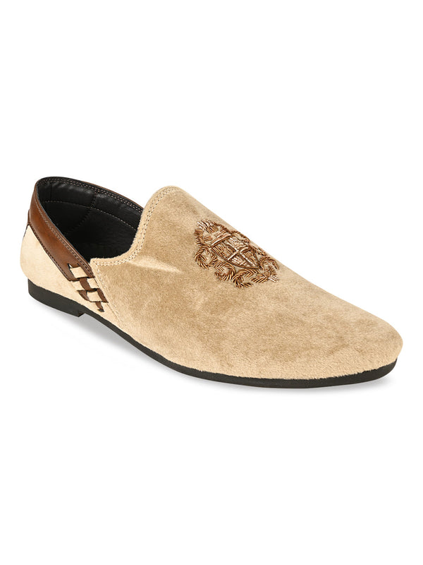 Regal Beige Men Velvet Embroidered Ethnic Slip Ons