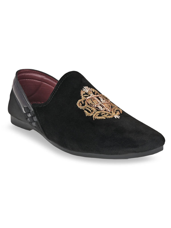 Regal Black Men Velvet Embroidered Ethnic Slip Ons