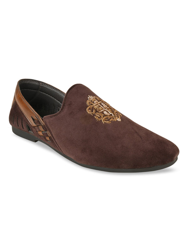 Regal Brown Men Velvet Embroidered Ethnic Slip Ons