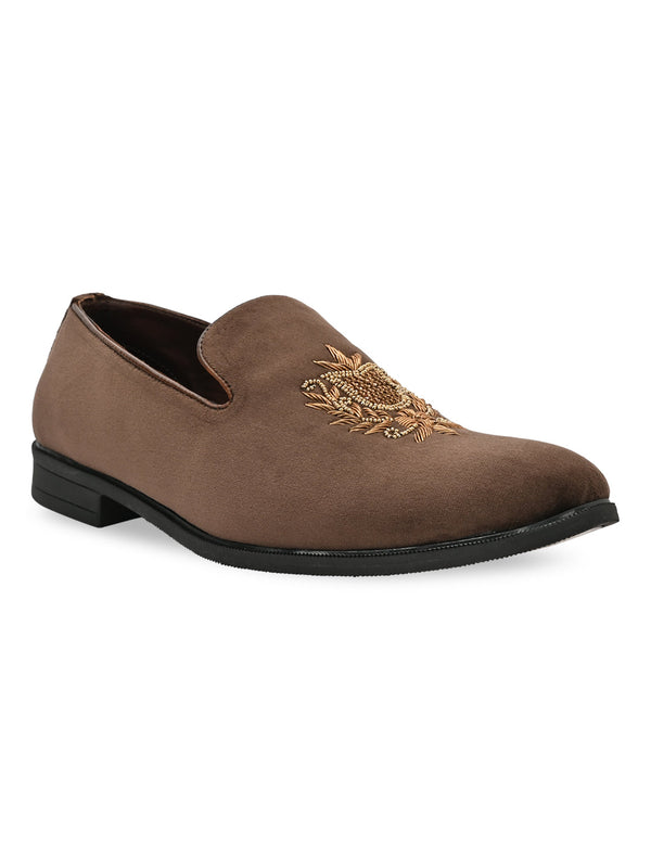 Regal Brown Men Suede Embroidered Ethnic Slip Ons