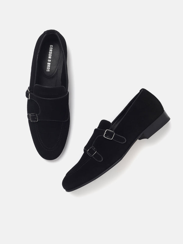 Gordon And Bros Suede Black Men Double Monk Shoes