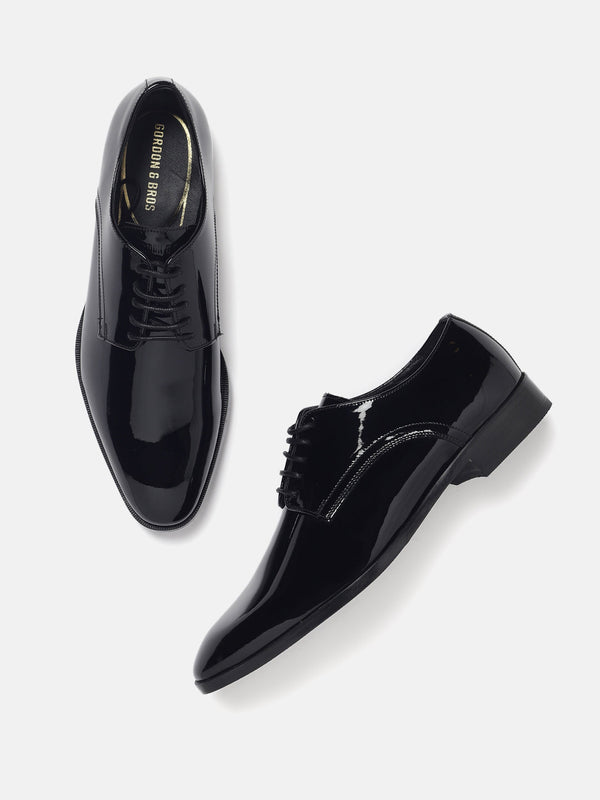 Gordon And Bros Patent Black Men Plain Derby Lace Up Shoes