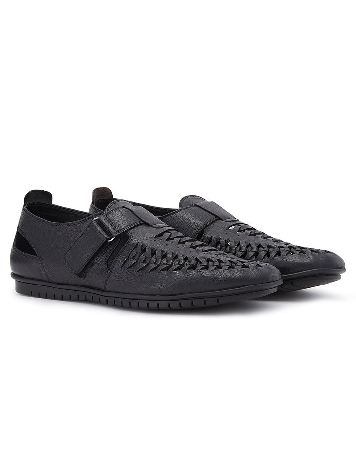 Imperio By Regal Black Mens Formal Leather Woven Sandals