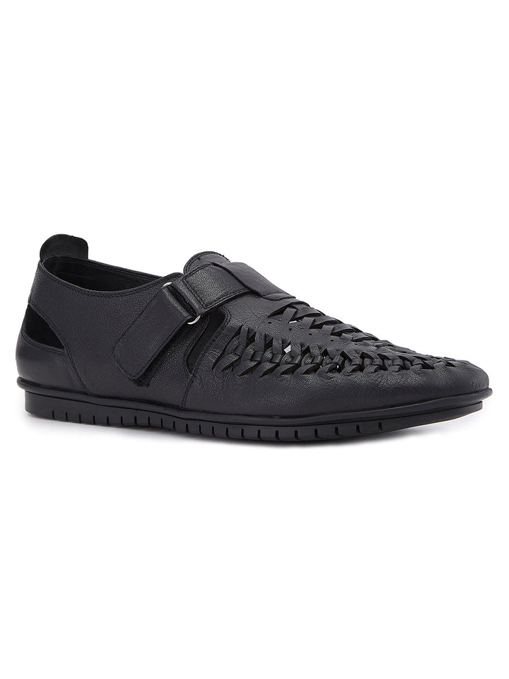 Imperio By Regal Black Mens Formal Leather Woven Sandals