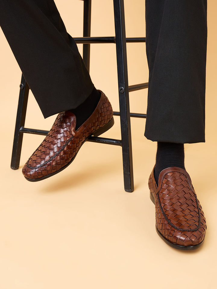 Imperio By Regal Dark Tan Mens Woven Textuted Leather Formal Slip Ons