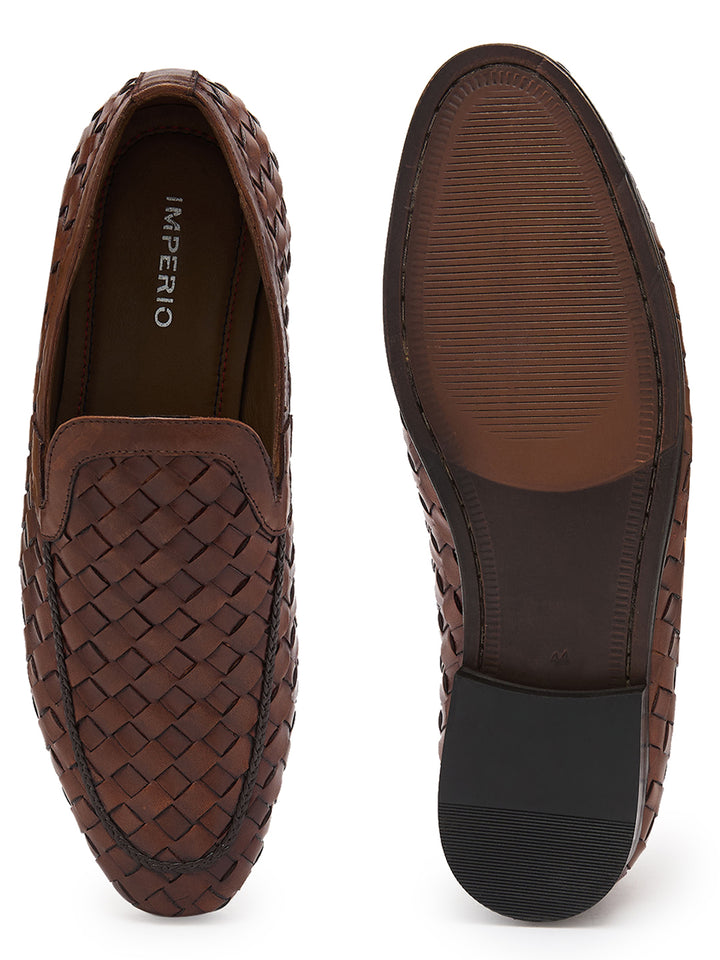 Imperio By Regal Dark Tan Mens Woven Textuted Leather Formal Slip Ons