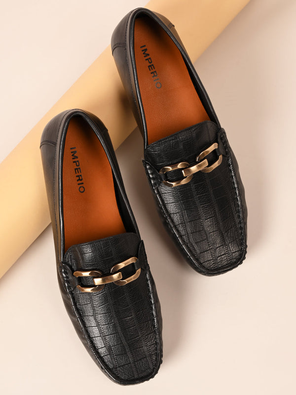 Imperio By Regal Black Men Textured Leather Casual Loafer