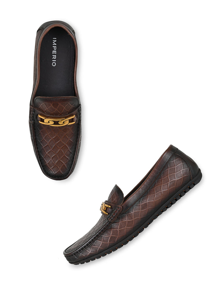 Imperio By Regal Coffee Men Textured Leather Buckled Loafers