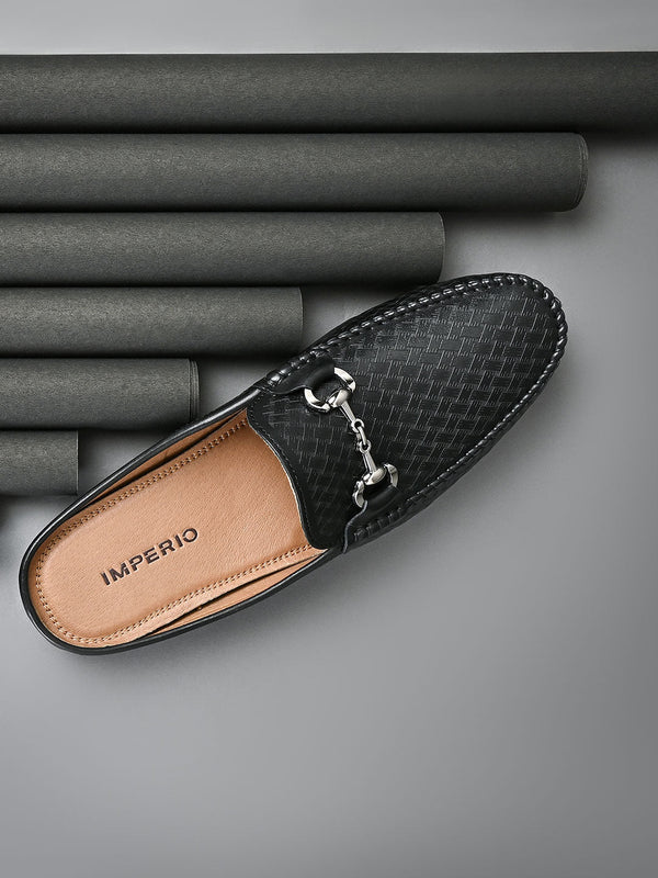 Imperio By Regal Black Men Textured Leather Buckled Mules