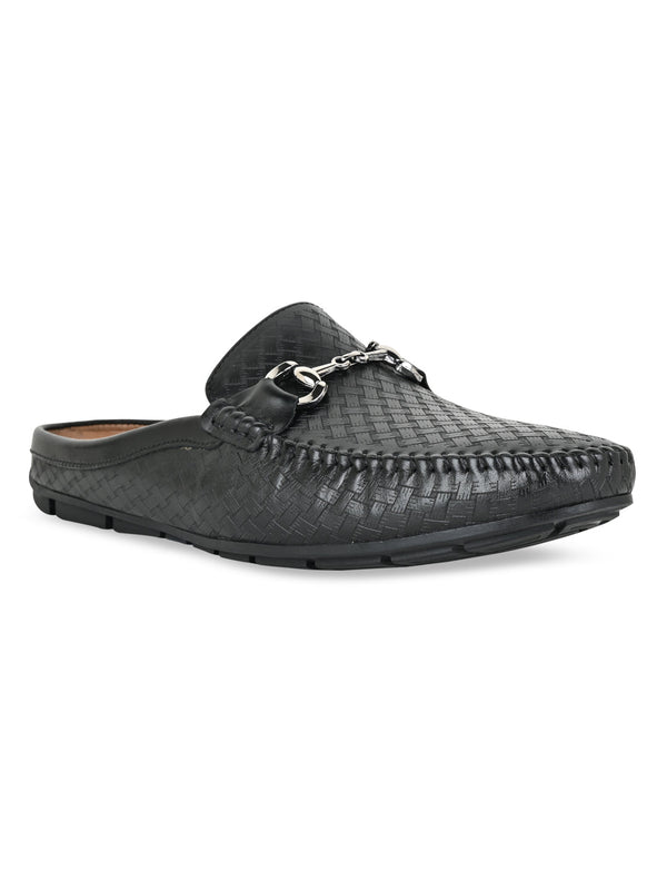 Imperio By Regal Black Men Textured Leather Buckled Mules
