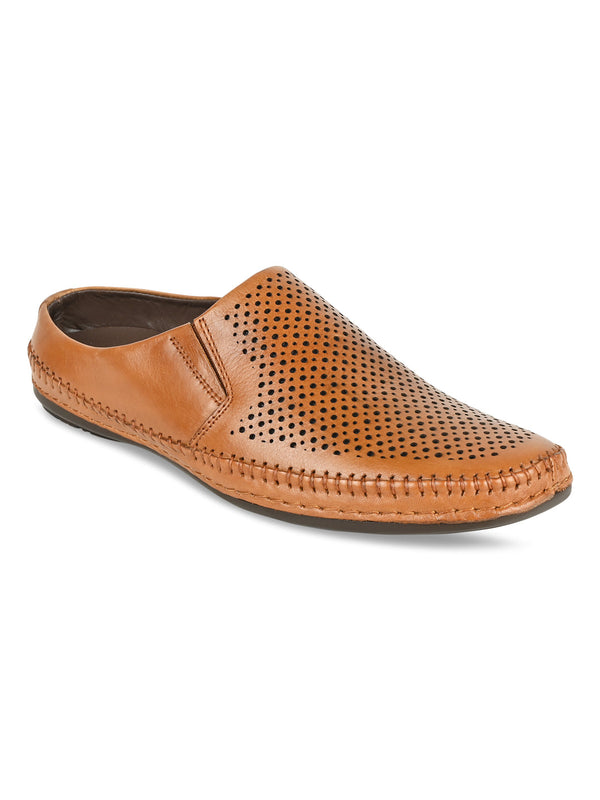 Regal Tan Men Laser Cut Leather Mules